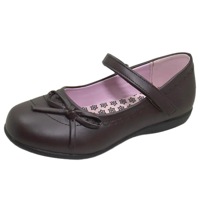 Girls' Brown School Shoes with Strap, Ribbon & Low Heel