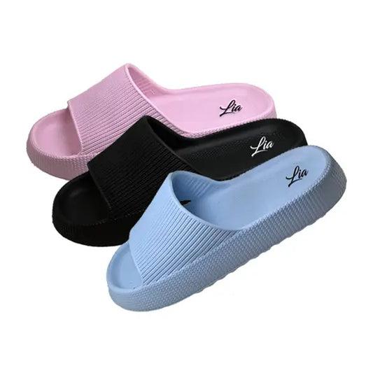 Women’s Ribbed Slide Sandals in Pink, Black, and Blue