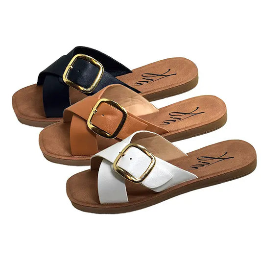 Women's Slip-On Sandals with Metallic and Leather Straps